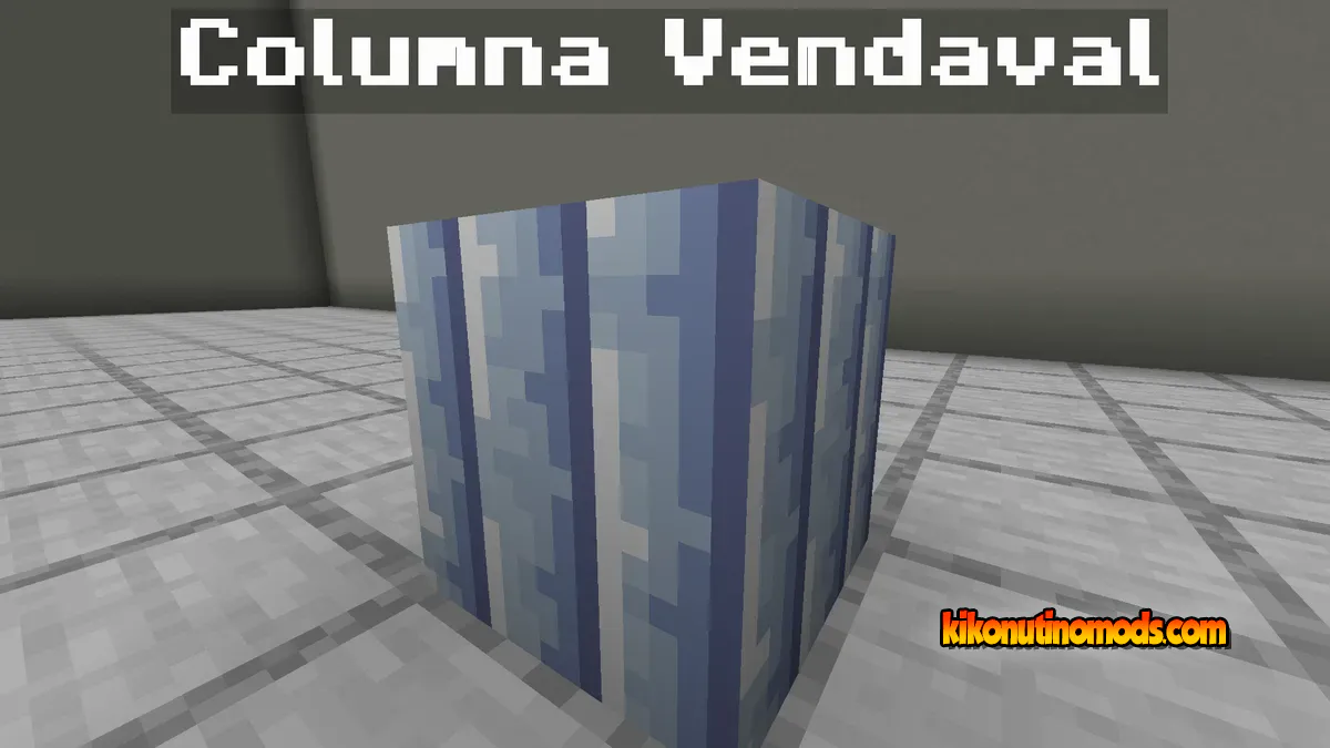 «Columna Vendaval»: Bloque cúbico con textura azul y rayas verticales sobre un suelo de baldosas grises.