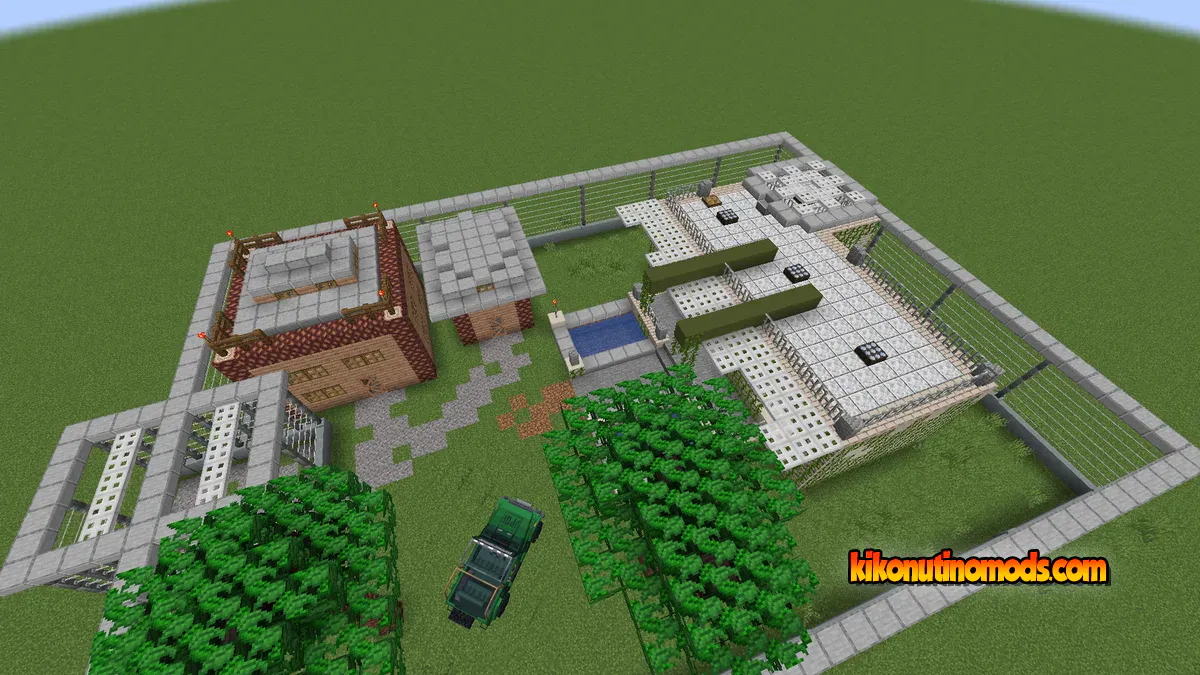 Instalación del mod vista desde arriba, con edificios, piscina, cercas, cultivos y un vehículo.