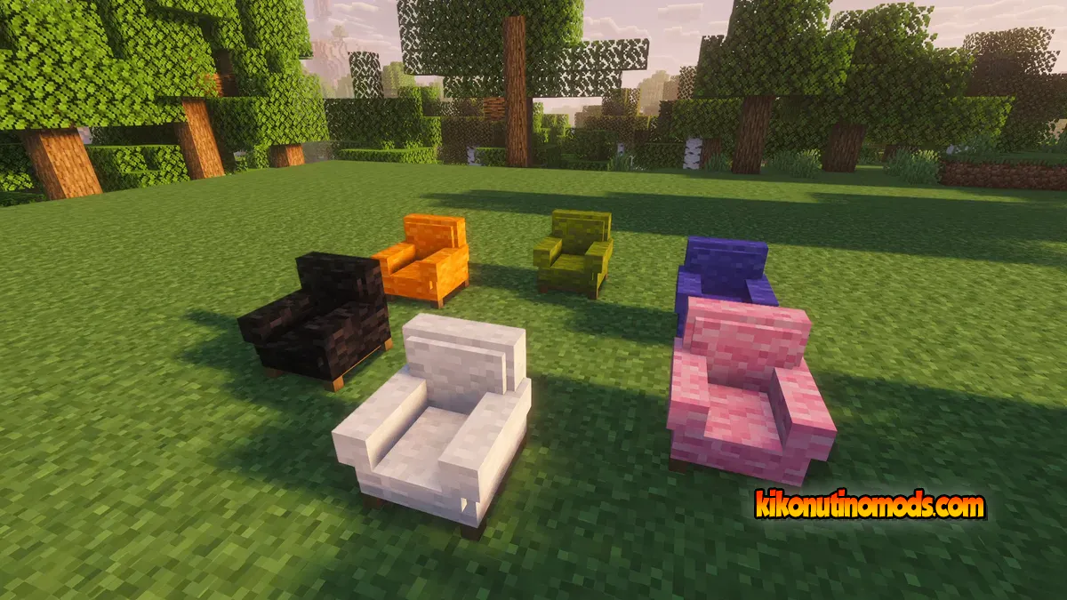 Seis sillones de colores variados colocados juntos sobre hierba junto a unos árboles, con shaders