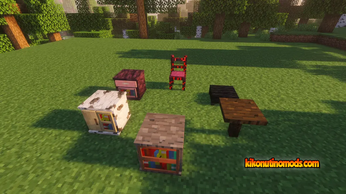 Varios muebles distintos (armario, cómoda, estantería, silla y mesa) agrupados sobre hierba, con shaders